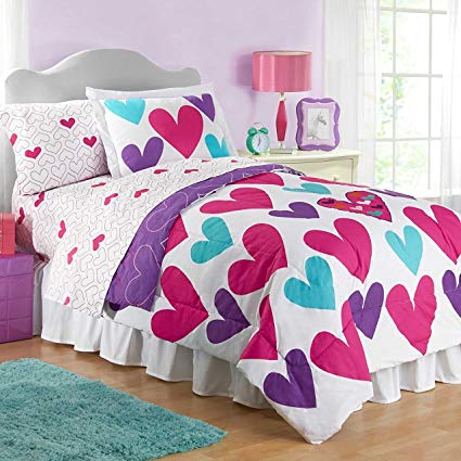 Girls Full Cotton Pink, Purple, Teal Hearts Comforter, Sham and Sheet Set (Bed in a Bag, 6 pieces)