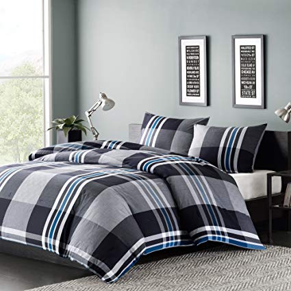 Ink+Ivy Nathan Twin Comforter Set Teen Boy Bedding - Grey, Plaid – 2 Piece Bed Sets – 100% Cotton Yarn Bed Comforter