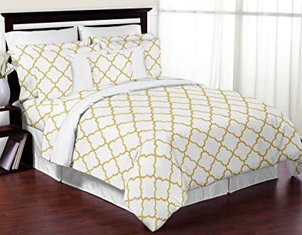Sweet Jojo Designs 3-Piece Modern White and Gold Trellis Lattice Girls Full / Queen Bedding Set Collection