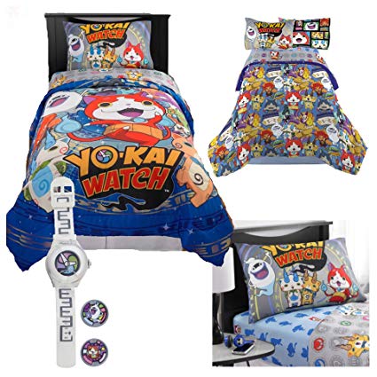 Yo-Kai Watch Kids Twin Bedding 5 Piece Set - Reversible Comforter, Sheet Set with Reversible Pillowcase and Yo-Kai Watch with Two Exclusive Medallions