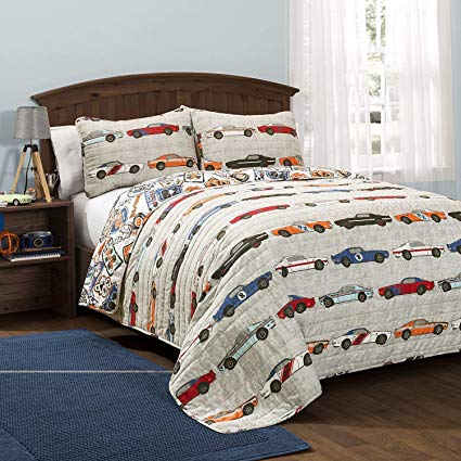 3pc Adorable Blue Red Yellow Grey White Full Queen Quilt Set, Polyester, Race Car Themed Bedding Colorful Fun Cute Cars Road Novelty Boys Teen Kids Racing Auto