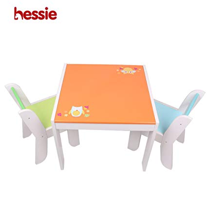 Hessie Little Toddler Kids Activity Play Table Chair Set, Wooden Playroom/Bedroom Preschool Furniture - Orange Owl