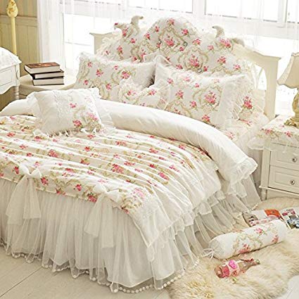 LELVA Girls Bedding Set Lace Ruffle Duvet Cover sets with Bed Skit Princess Bedding Set Vintage Floral Print Duvet Cover Full Size 4 Piece (Full, White)