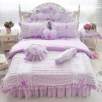LELVA Vintage Lace Wrinkle Design Duvet Cover Set with Bed Skirt California King 4 Piece Romantic Floral Ruffle Bedding for Girls Purple