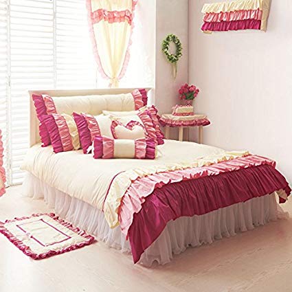 MeMoreCool Home Textile Yellow Pastoral Style Romantic Princess Lace Bedding Set Girly Sweet Multicolor Pleated Duvet Cover Fashion Exquisite Lace Bed Skirt Full Size 4Pcs