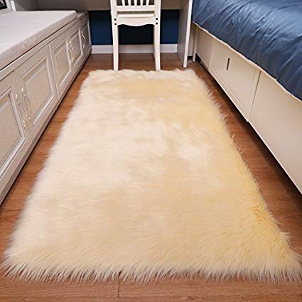 HUAHOO Faux Fur Sheepskin Rug Light Yellow Kids Carpet Soft Faux Sheepskin Chair Cover Home Décor Accent for a Kid's Room,Childrens Bedroom, Nursery, Living Room or Bath. 5' x 7' Rectangle