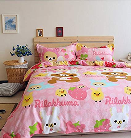 LELVA Pink Rilakkuma Bedding Sets, Kids Bedding Girls, Cotton Baby Bedding Set, Children's Duvet Cover Set (Fitted Sheet, Queen)