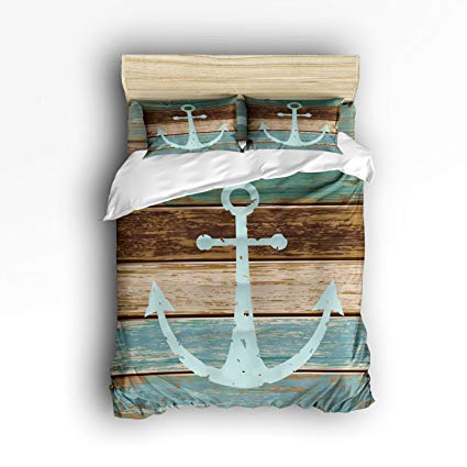 4 Pieces Home Comforter Bedding Set, Nautical Anchor Rustic Wood Digital Printing Twin Size