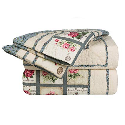MAXYOYO New!Reversible Real Patchwork Cotton Floral Print Quilt Set,Beautiful Coverlet Set for Girl,Rose Pattern Bedspreads,Turquoise & Beige,Full/Queen,3-Pieces