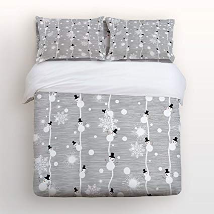 Libaoge Bright Grey 4 Piece Bed Sheets Set, Christmas Theme Cartoon Snowman and Snowflake Print, 1 Flat Sheet 1 Duvet Cover and 2 Pillow Cases