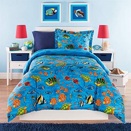 3 Piece Kids Full Queen Comforter Set Aquarium Themed, Full of Sea Life and Under the Water Creatures, Colored Tropical Fish, Sea Turtles Coral Plants Starfish Sea Horses, Ocean Blue Bedding, Unisex