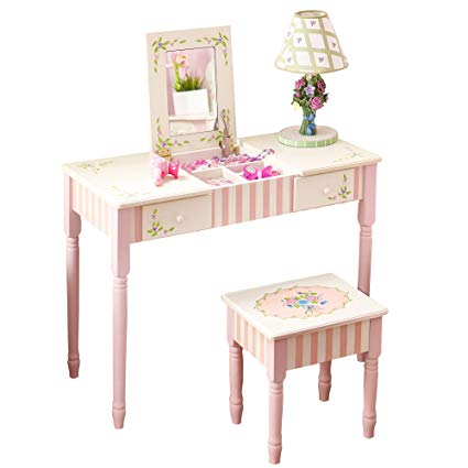 Fantasy Fields - Bouquet Thematic Kids Flip Top Mirror Vanity Table and Stool Set | Imagination Inspiring Hand Crafted & Hand Painted Details Non-Toxic, Lead Free Water-based Paint