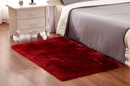 HUAHOO Wine Faux Sheepskin Area Rug Chair Cover Seat Pad Plain Shaggy Area Rugs For Bedroom Sofa Wine Red (2.4’ x 12’ Runner)
