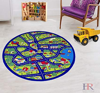 Handcraft Rugs Game Carpets for Kids/Kids Toy/Kids learning rug/Kids Floor Road Mats by My Neighborhood Map/Blue and Multi color Anti Slip Rug Slip (Approximately 8 feet Round)