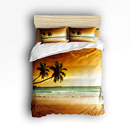 Family Decor Palm Coconut Trees And Ocean Waves Sunset Print Home Comforter Bedding Sets Duvet Cover Sets Bedspread for Adult Kids,Flat Sheet, Shams Set 4Pieces,4 Pcs Queen Size for Kids Teenage Teens