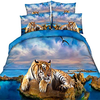 EsyDream 3D Oil Painting Tiger 4PC Bedding Bedspreads No Comforter,100% Cotton 3D Animal Tiger Boys Duvet Cover Sets,Full/Queen Size (4PC/Set)