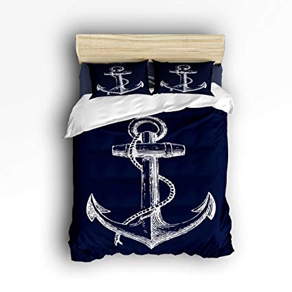 Queen Size Bedding Set- Nautical Navy Blue Anchor Duvet Cover Set Bedspread for Childrens/Kids/Teens/Adults, 4 Piece 100 % Cotton