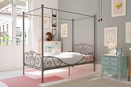 DHP Canopy Bed with Sturdy Bed Frame, Metal, Twin Size - Pewter
