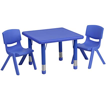 Flash Furniture 24'' Square Blue Plastic Height Adjustable Activity Table Set with 2 Chairs