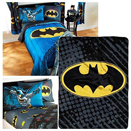 DC Comics Batman Full Bedding Set - Reversible Comforter, Sheet Set, Two Reversible Pillowcases, Batman Logo Throw Blanket - Kids