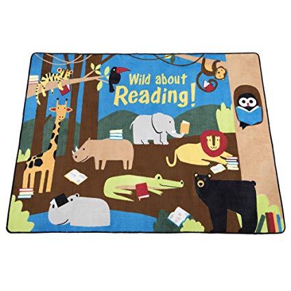 Guidecraft Wild About Reading Carpet Large - Children's Classroom Educational Rug, Animal Jungle Themed Soft Rug for Kids Room - Size 7'8