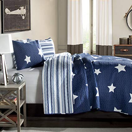 Full / Queen Size Bedding Quilt Set in Star Print Design For Teen Boys Bedroom