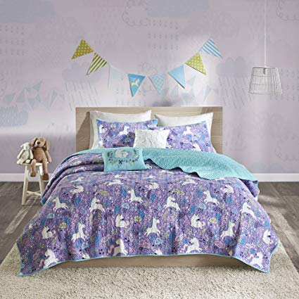 5 Piece Girls Light Purple Blue White Unicorn Dream Coverlet Full Queen Set, Vibrant All Over Girly Magical Unicorns Theme Bedding, Bright Whimsical Multi Magic Creatures Themed Pattern, Cotton
