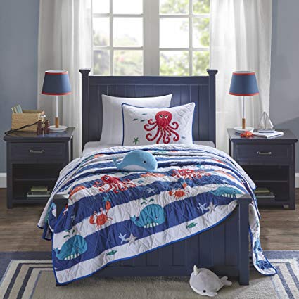 4 Piece Kids Navy Blue White Red Orange Under Water Sea Life Theme Coverlet Full Queen Set, Stylish All Over Stripe Bedding, Cute Fun Multi Whale Octopus Crab Star Fish Striped Themed Pattern